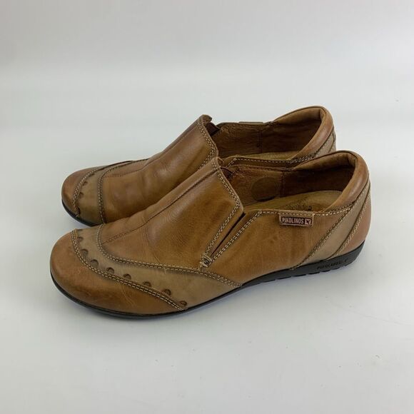 Pikolinos Leather Slip On Shoe Brown Tan Flat Round Toe Gore Womens 37 US 6.5 - Picture 2 of 13